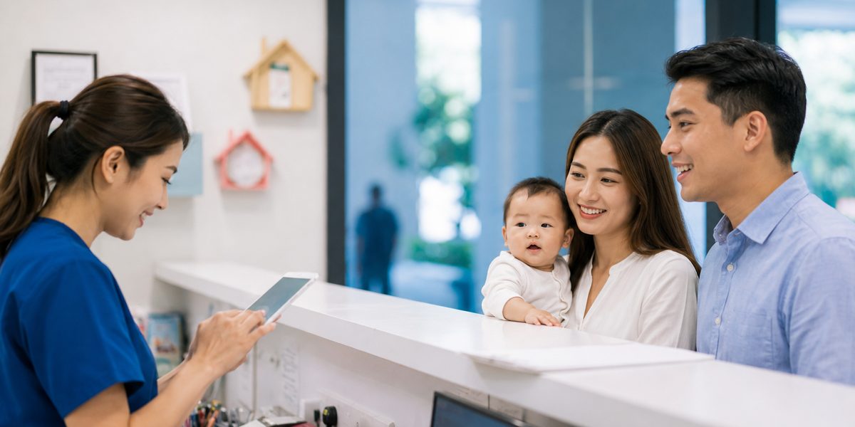 A nurse at the front desk checking in a young family with their baby.