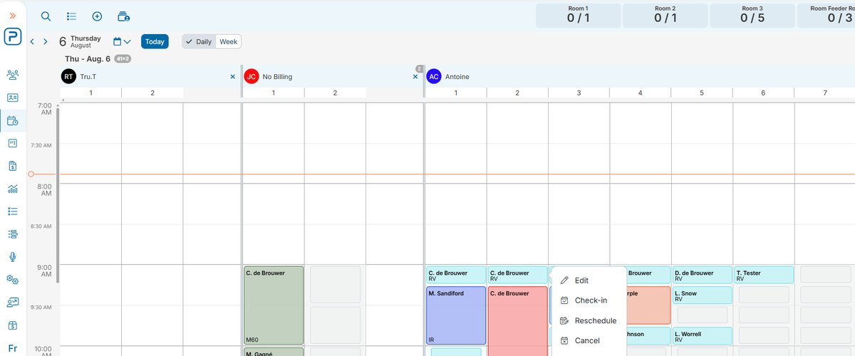 An appointment in the Platinum schedule with its action menu open, offering Edit, Check-in, Reschedule and Cancel, while the surrounding provider columns stay visible.