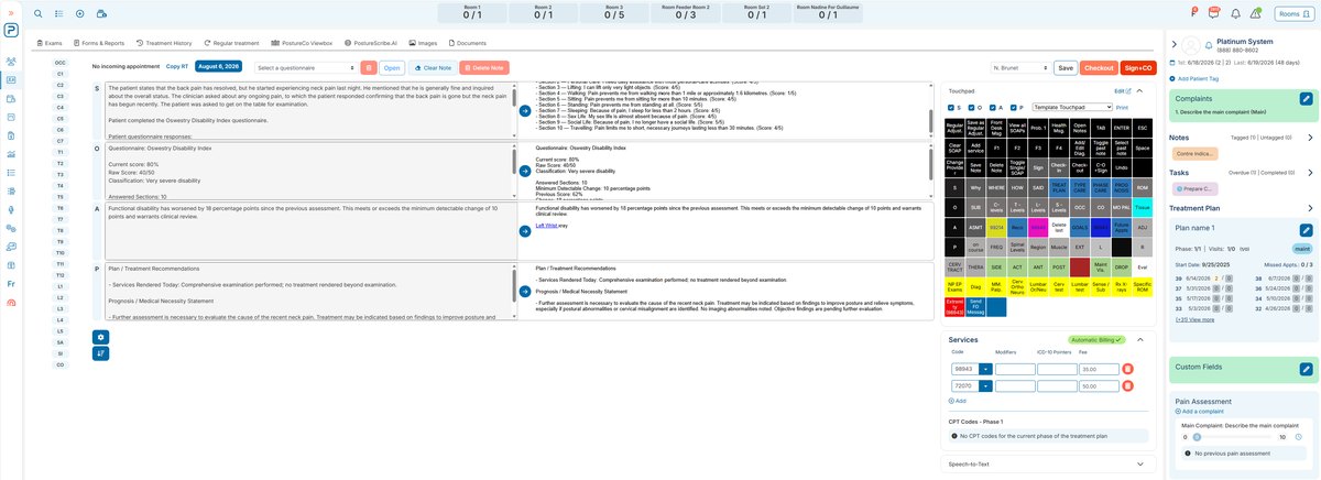 The Platinum EHR chart: a SOAP note shown twice side by side for comparison, a touch-pad macro grid and services list to its right, and a rail carrying complaints, notes, tasks and the treatment plan.