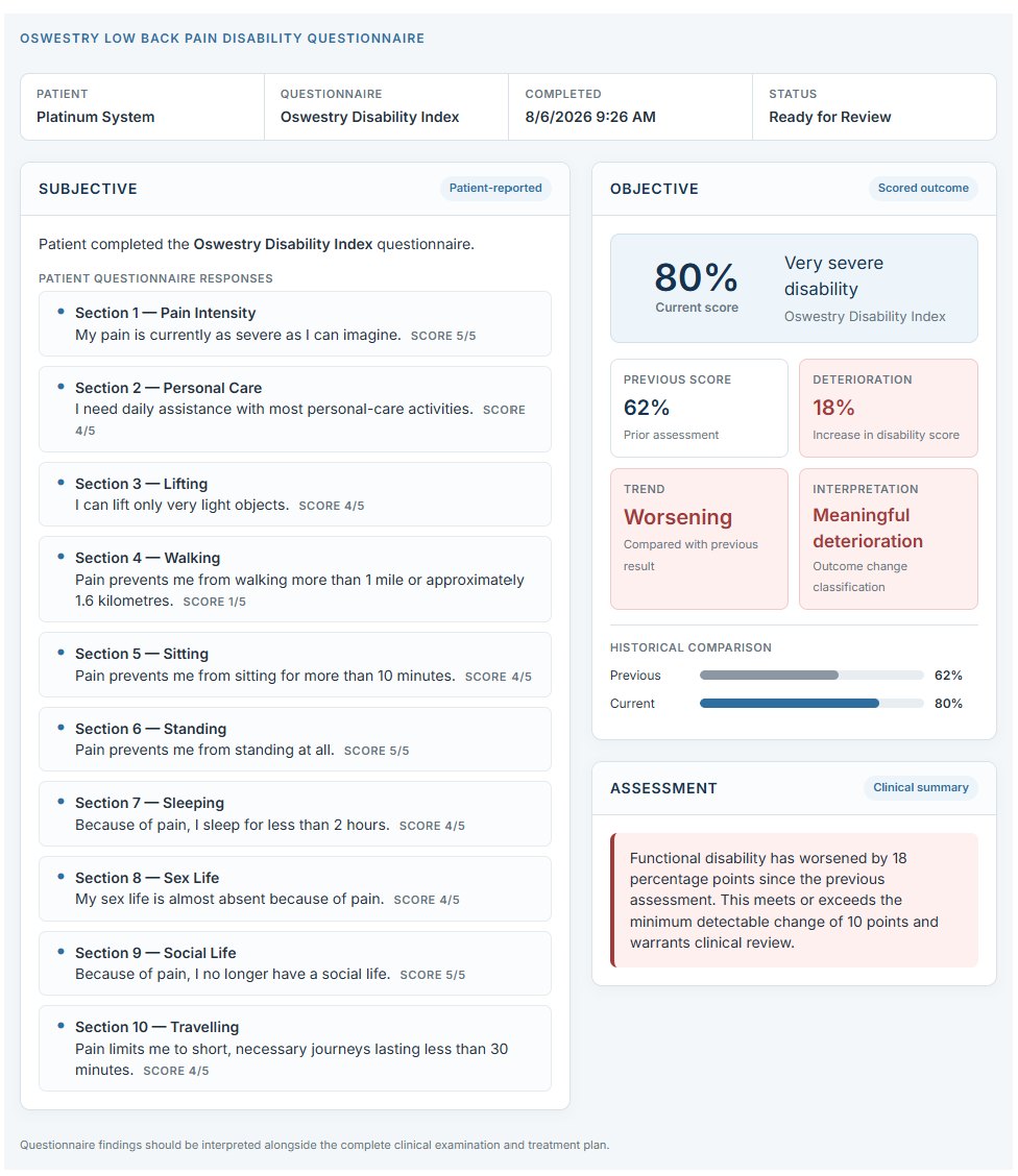 A scored Oswestry Low Back Pain Disability questionnaire: ten answered sections on the left, and on the right the current score of 80 per cent classified as very severe disability, the previous score of 62 per cent, an 18-point deterioration, and a written assessment.