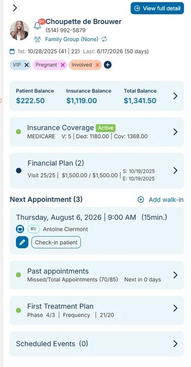 The patient card beside the Platinum schedule — patient, insurance and total balances, active insurance coverage, the financial plan, and the next appointment with one-tap check-in.