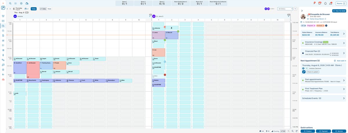 A day in the Platinum schedule: two providers side by side in their own colour-coded columns of appointments, with a patient panel on the right showing balances, insurance coverage, financial plan, next appointment and treatment-plan phase.
