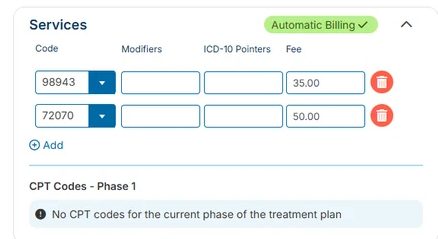 The Services panel on the chart — CPT codes with modifiers, ICD-10 pointers and fees, with Automatic Billing switched on.