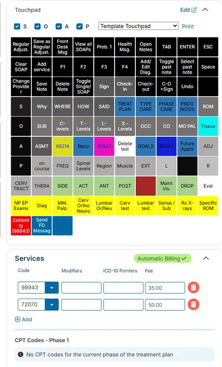 The chart's touch-pad macro grid with the Services panel below it — CPT codes and fees already filled, with Automatic Billing switched on.